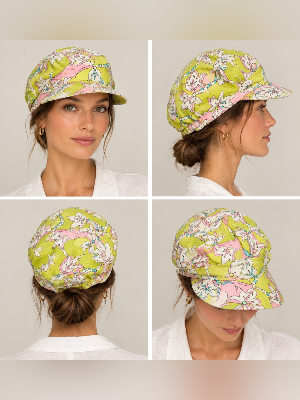 Emilio Pucci Floral Print Cap in Pink and Lime